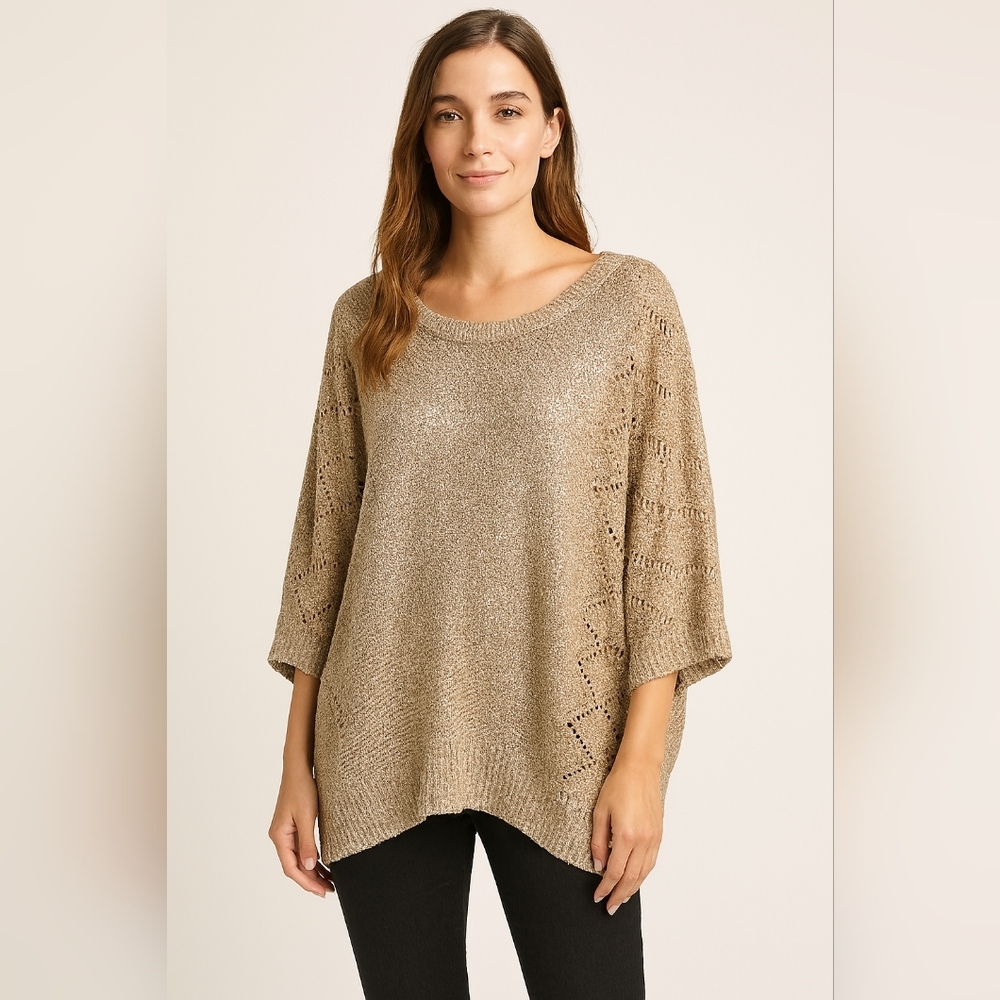 Lauren Mitchelle holiday party Boho Relaxed 1X Gold Glitter Mesh Sweater top‎